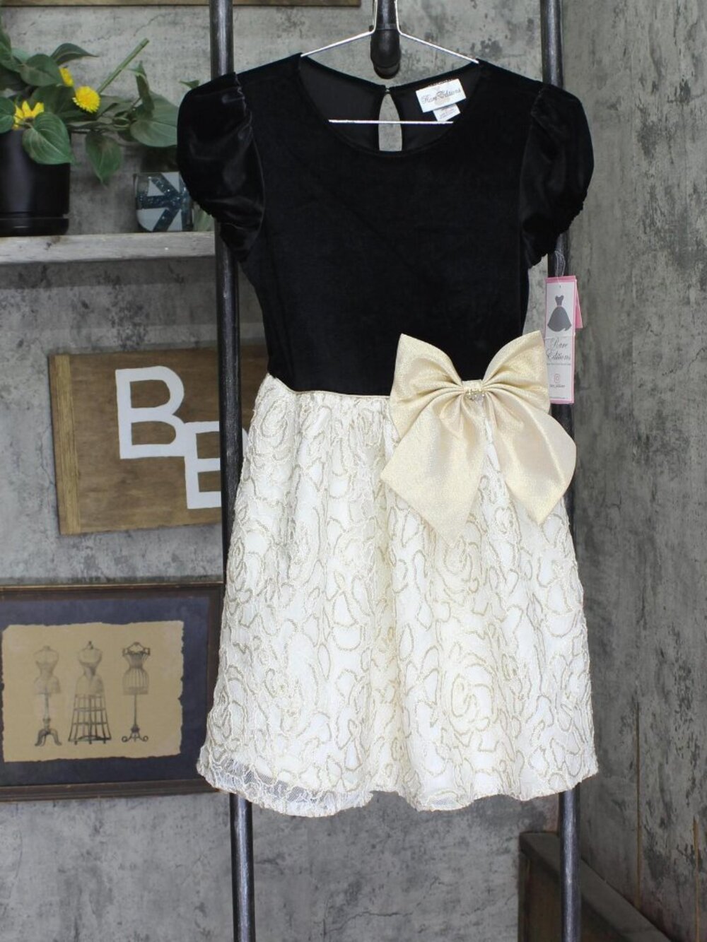 Rare Editions Girls Puff Sleeve Lace Dress H467545 Ivory / Black 12